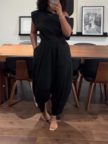 Off Shoulder T-Shirt Tops And Loose Haren Pants Suit
