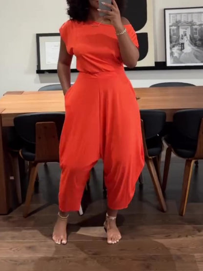 Off Shoulder T-Shirt Tops And Loose Haren Pants Suit