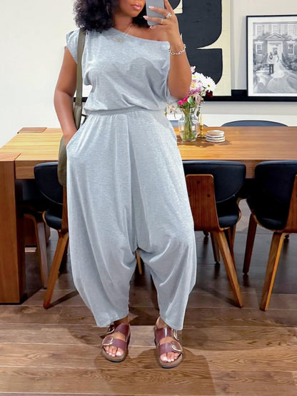 Off Shoulder T-Shirt Tops And Loose Haren Pants Suit