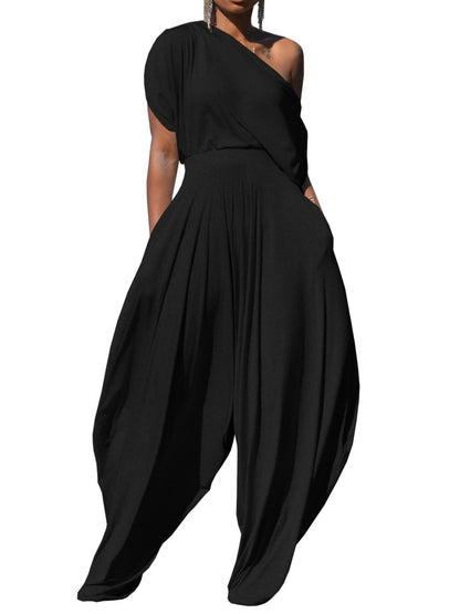 Off Shoulder T-Shirt Tops And Loose Haren Pants Suit