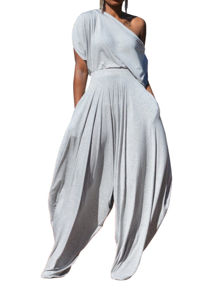 Off Shoulder T-Shirt Tops And Loose Haren Pants Suit