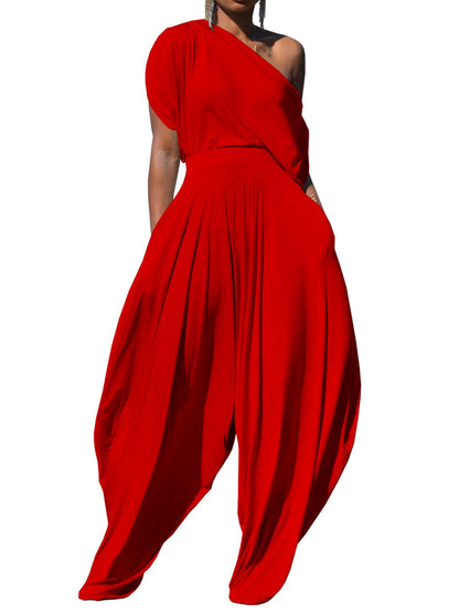 Off Shoulder T-Shirt Tops And Loose Haren Pants Suit