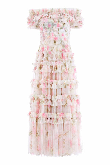 Elegant Off Shoulder Printed Gown Dress