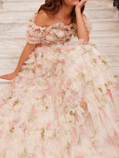 Elegant Off Shoulder Printed Gown Dress
