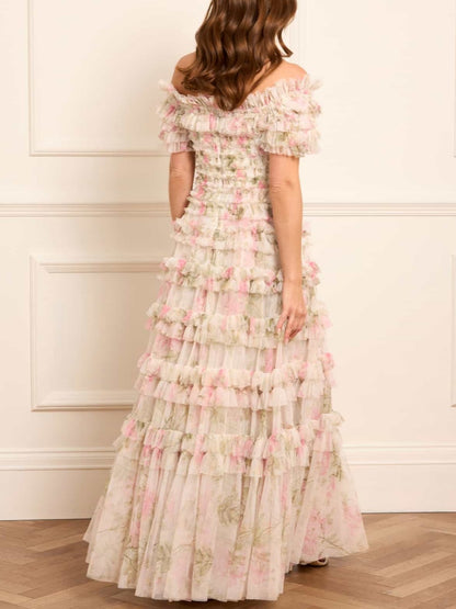Elegant Off Shoulder Printed Gown Dress