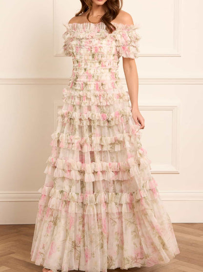 Elegant Off Shoulder Printed Gown Dress