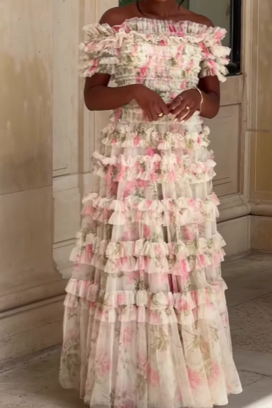Elegant Off Shoulder Printed Gown Dress