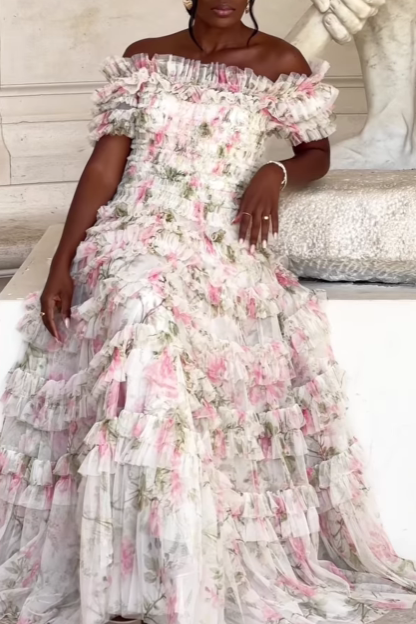 Elegant Off Shoulder Printed Gown Dress