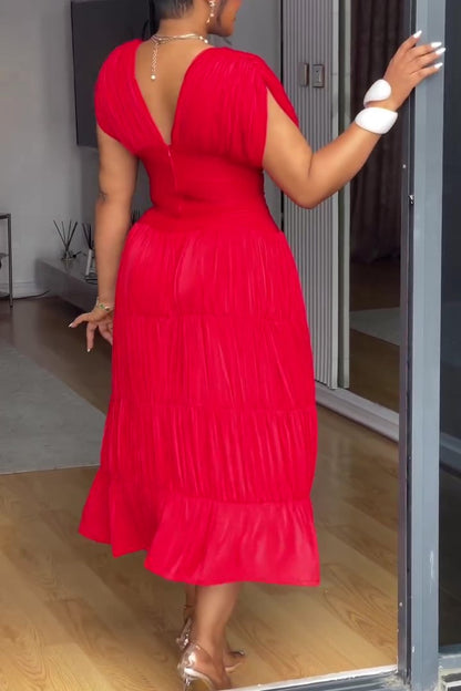 Red V-neck Waist Pleated Dress