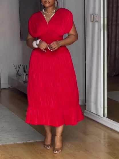 Red V-neck Waist Pleated Dress