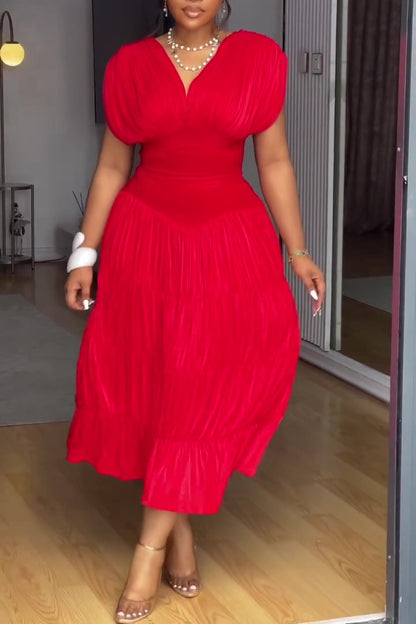 Red V-neck Waist Pleated Dress