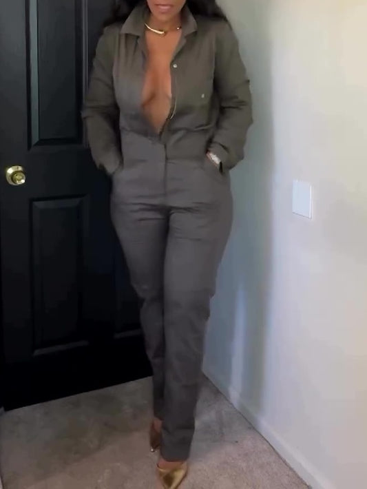 Women's Long Sleeve Cotton Twill Jumpsuit