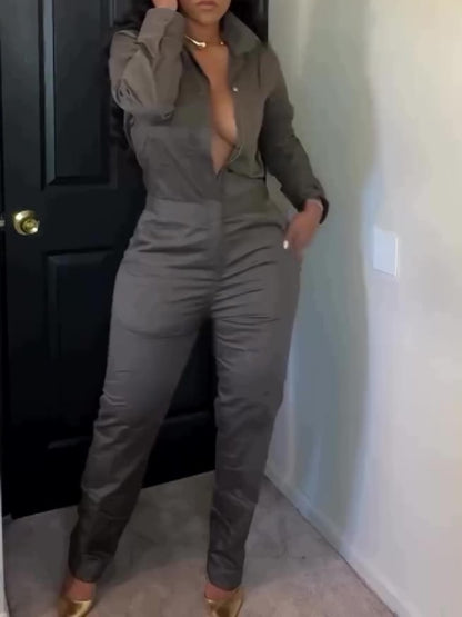 Women's Long Sleeve Cotton Twill Jumpsuit