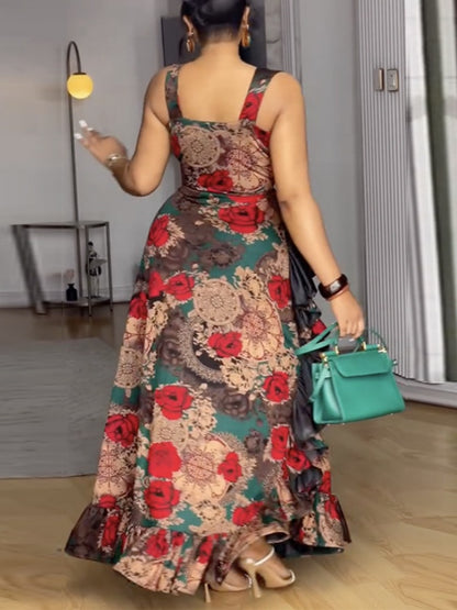 V-Neck Printed Sleeveless Ruffle Maxi Dress