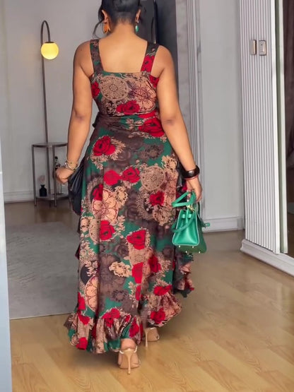 V-Neck Printed Sleeveless Ruffle Maxi Dress