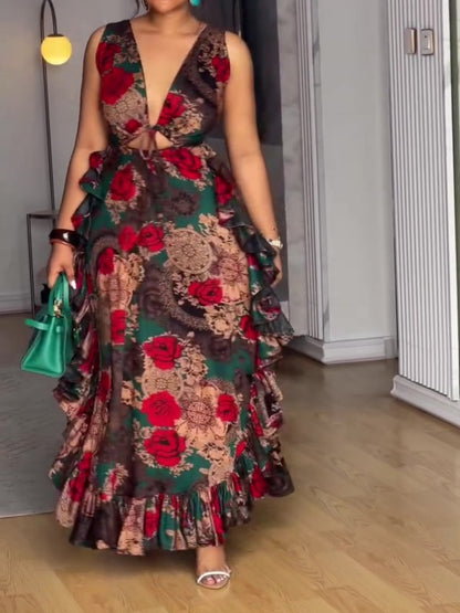 V-Neck Printed Sleeveless Ruffle Maxi Dress