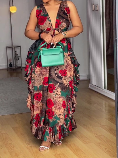 V-Neck Printed Sleeveless Ruffle Maxi Dress