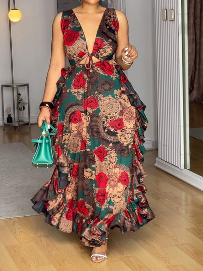 V-Neck Printed Sleeveless Ruffle Maxi Dress