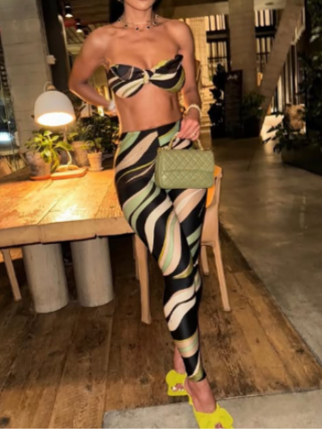 Sexy Contrast Print Top And Pants Set