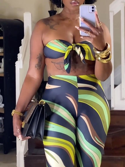 Sexy Contrast Print Top And Pants Set