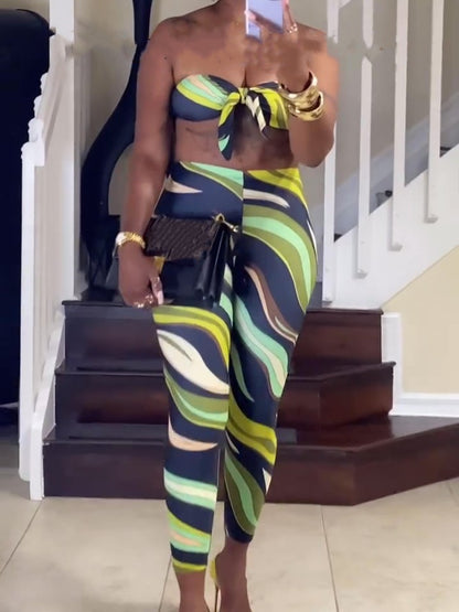 Sexy Contrast Print Top And Pants Set