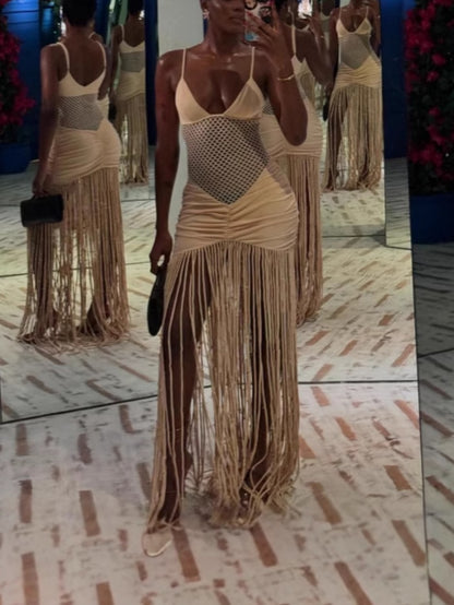 Mesh Waist-baring Sexy Hip-wrapped Tassel Dress