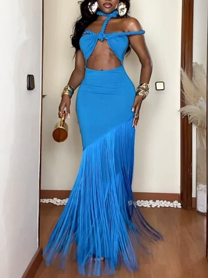 Sexy Backless Tassel Bodycon Maxi Dress