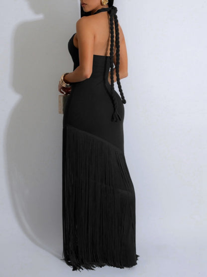 Sexy Backless Tassel Bodycon Maxi Dress