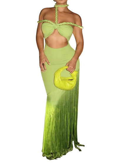 Sexy Backless Tassel Bodycon Maxi Dress
