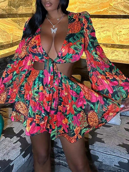 Deep V-neck Trumpet Sleeve Top And Skirt Set