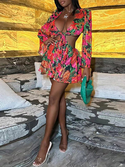 Deep V-neck Trumpet Sleeve Top And Skirt Set