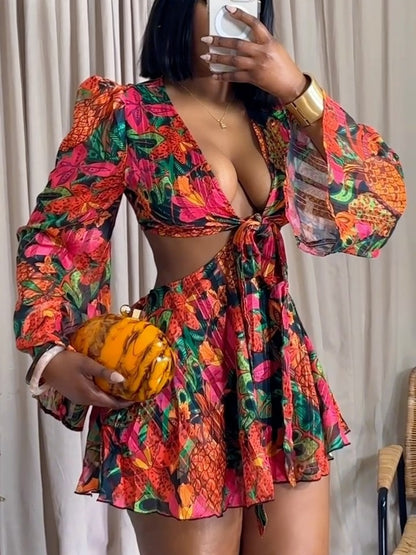 Deep V-neck Trumpet Sleeve Top And Skirt Set