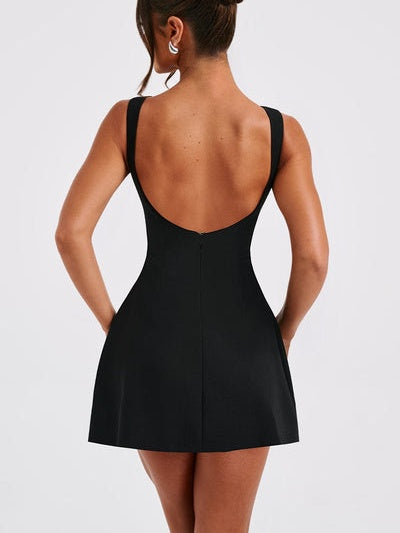 Boat Neck Backless Zip-Up Mini Dress
