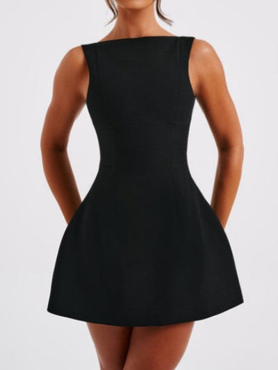 Boat Neck Backless Zip-Up Mini Dress