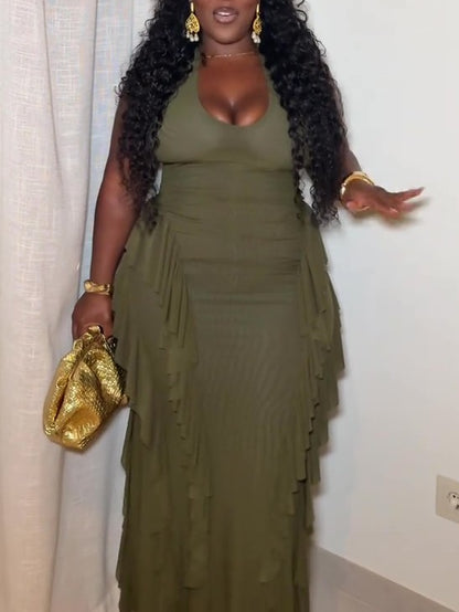 Elegant Layered Ruffle Backless Halter Dress