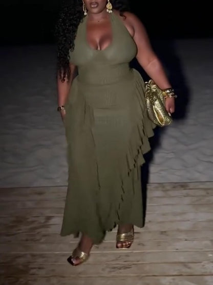 Elegant Layered Ruffle Backless Halter Dress