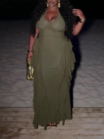 Elegant Layered Ruffle Backless Halter Dress