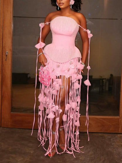 Pink Sequined Floral Tassel Dress