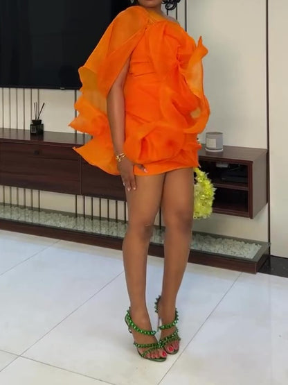 Orange Irregular One-shoulder Mini Dress