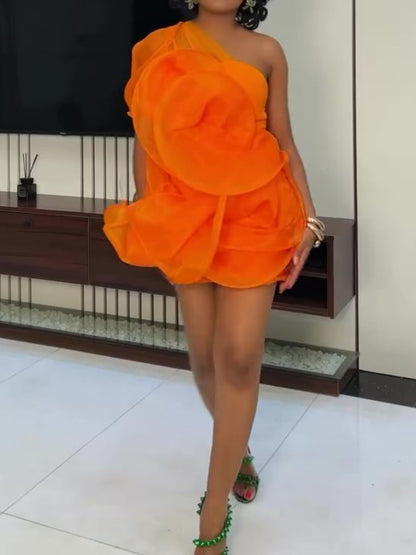 Orange Irregular One-shoulder Mini Dress