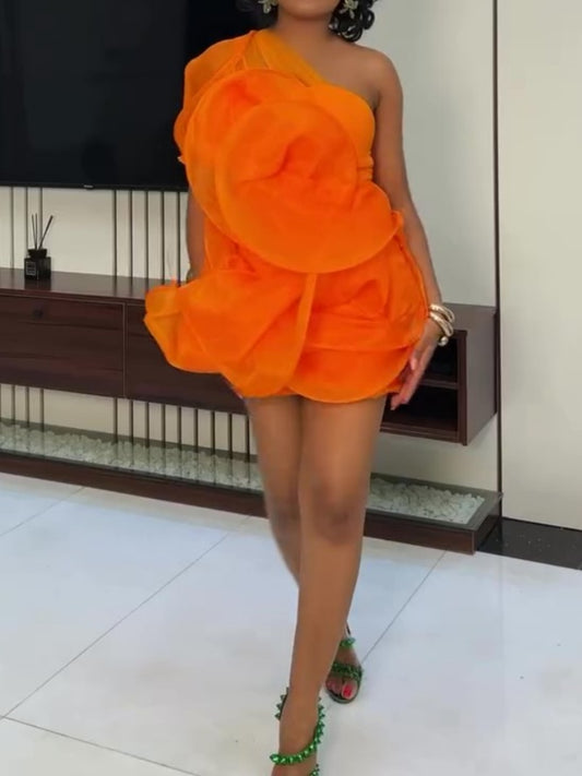 Orange Irregular One-shoulder Mini Dress