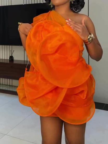Orange Irregular One-shoulder Mini Dress