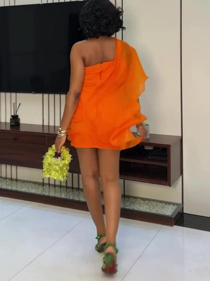 Orange Irregular One-shoulder Mini Dress