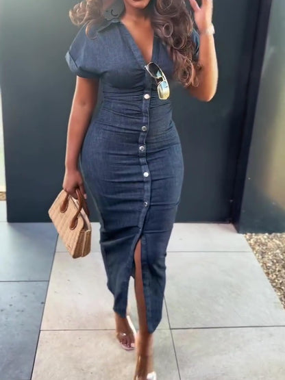 V-neck Denim Midi Dress
