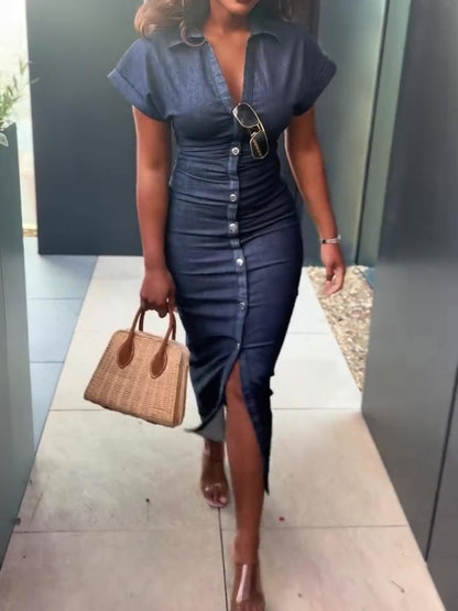 V-neck Denim Midi Dress
