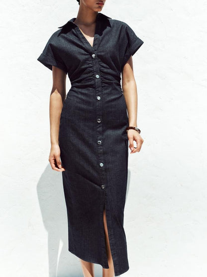 V-neck Denim Midi Dress