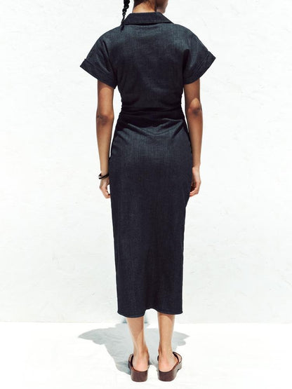 V-neck Denim Midi Dress