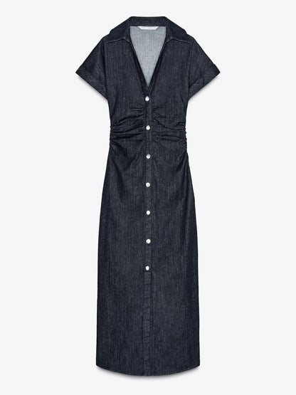 V-neck Denim Midi Dress