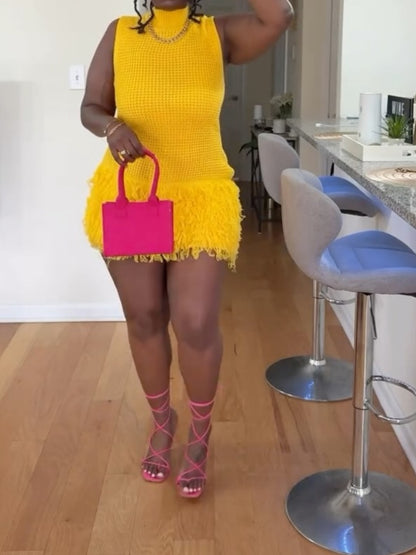 Fringed Checkered Knit Dress