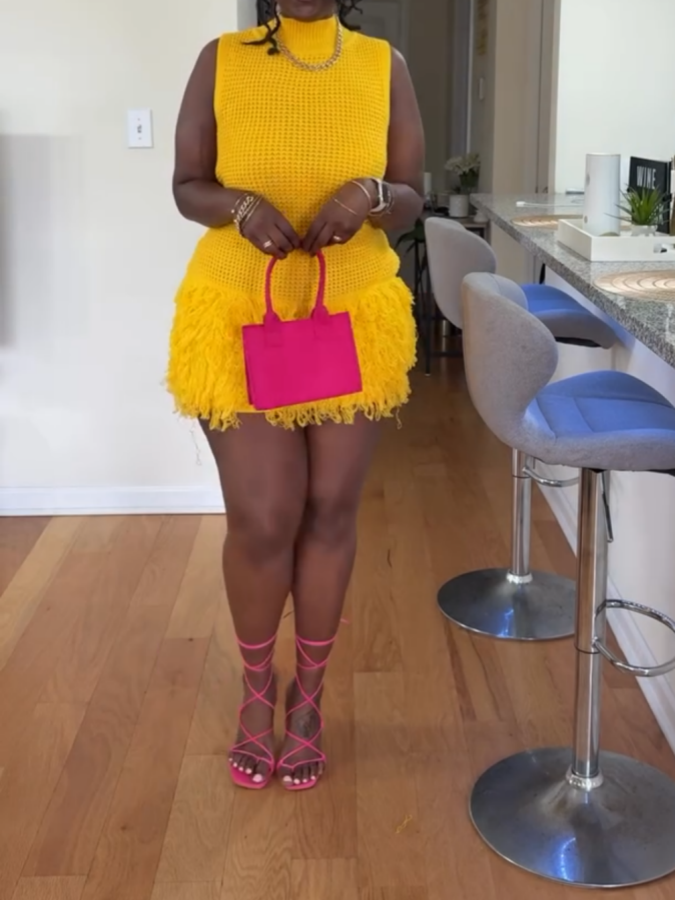 Fringed Checkered Knit Dress